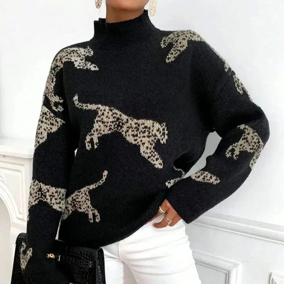 Black Casual Women's Leopard Pattern High Neck Drop Shoulder Sweater - Picture 5 of 6